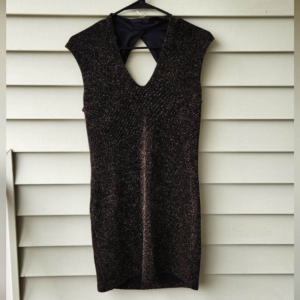 Le chateau v neck open back black night mini dress golden sparkles festive dress